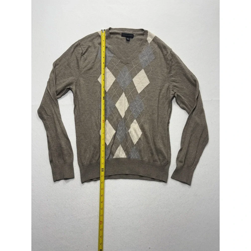Banana Republic Sweater Mens Medium Brown Argyle V Neck Silk Blend Knit Pullover